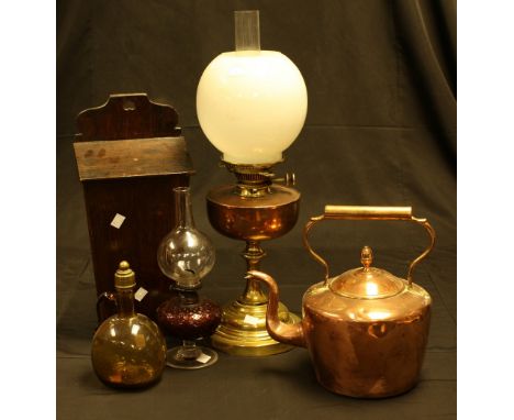 A Hinks, No.2 copper and brass oil lamp, opaque white glass shade; another, ruby glass reservoir; a 19th century copper kettl