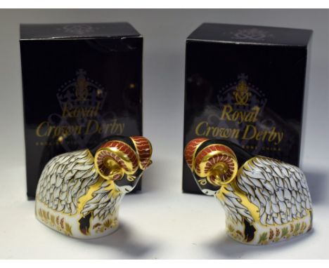 A Royal Crown Derby paperweight, Derby County Ram, exclusive 1999 edition, gold stopper, certificate, boxed; another, Derby R