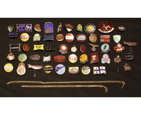 A collection of motorcycling, advertising and other pin badges, some enamel, approx 50