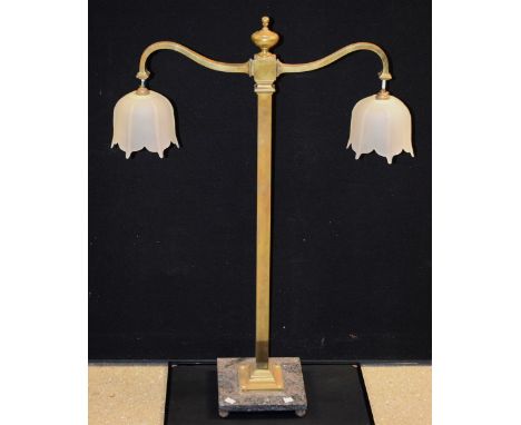 A Secessionist style lacquered brass table lamp, urnular finial, frosted glass shades, square marble base, bun feet, 99cm hig