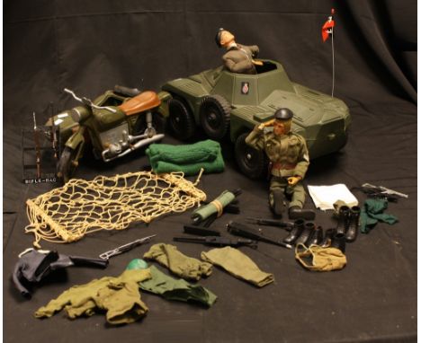 Toys - Action Man fixed and eagle eyed figures, armoured car, motorcycle and sidecar, accessories