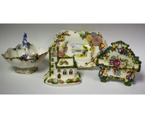 A Coalport Coalbrookdale pedestal dish, applied with painted flowers, the centre painted with a lake; another, posy trough; a