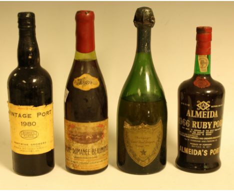 Alcohol - Dom Perignon, Vintage 1964; Vintage Port 1980, Borges Porto; another, Almeida 1966 Ruby Port; Vosne-Romanee Beaumon