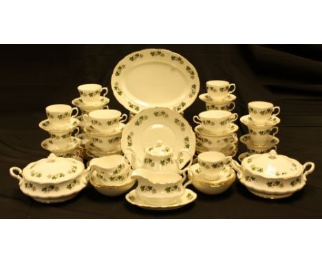 A Staffordshire Gainsborough part dinner and tea service for twelve, printed with sycamore leaves, including a pair of vegeta