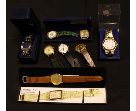 Watches -  a Bulova quartz G74A dress watch, gold plated case, leather bracelet;  others vintage Helsa, Alben 25 jewel, Sekon