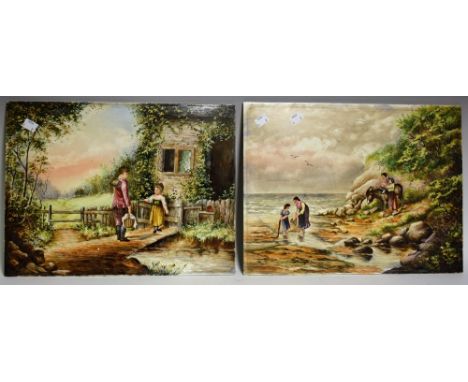 A pair paintings on ceramic, rural and coastal scenes, late 19th century, approx 41cm x 31cm (2)