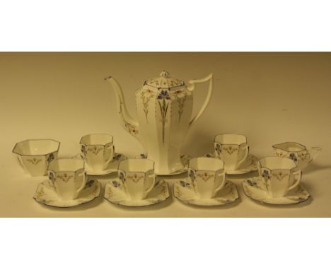 A Shelley Queen Anne Blue Iris pattern coffee service, for six, comprising cups, saucers, coffee pot, cream and sugar bowl, p