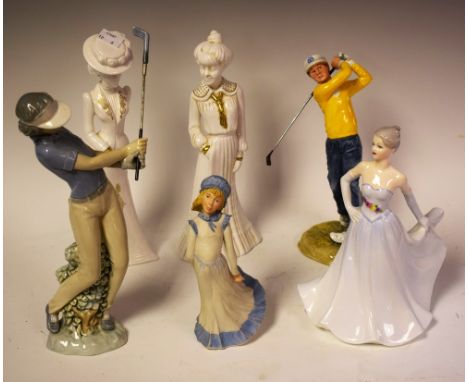 Figures - a Royal Doulton figure Teeing off HN3276, another similar Nao; Coalport figure honor etc (6)