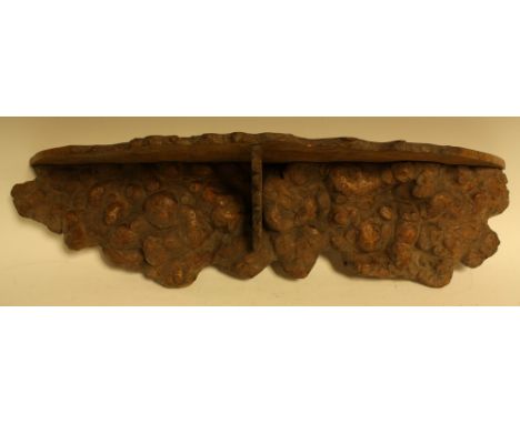 An unusual wall shelf, burr wood, 73cm wide