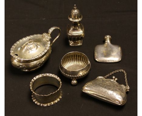 Silver - an oval mustard, marks worn, possibly Birmingham 1902; a Victorian table salt, London 1886; miniature hip flask, nap