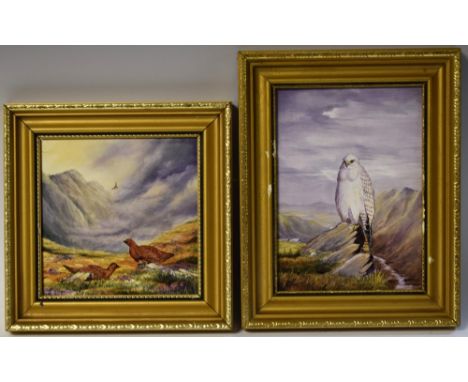 Keith Harrison, Gyrfalcon, painted ceramic panel, signed, 19cm x 13.5cm; another, Grouse, 14.5cm x 14.5cm (2)