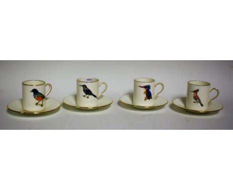 A set of four Hammersley ornithological coffee cans and saucers, retailed by Rowland Ward, Nairobi Kenya, tranfer printed, Ma