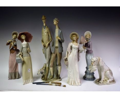 A Lladro figure, Dressmaker; others similar; a Lladro figure group, The Hunters; a Montiel model of a dog (6)