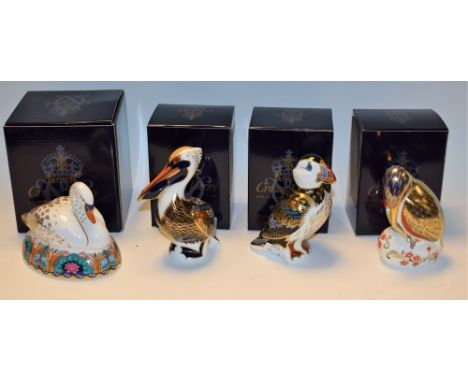 A Royal Crown Derby paperweight, Swan, gold stopper, boxed; others, Kingfisher, gold stopper, boxed; Puffin, gold stopper, bo