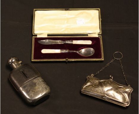 Silver and plate - a George V silver evening purse, Birmingham 1917;  a leather and silver plated cased glass hip flask etc (