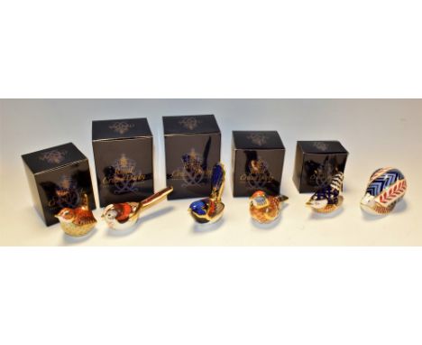 A Royal Crown Derby paperweight, Fairy Wren, gold stopper, boxed; others, Jenny Wren, gold stopper, boxed; Blue Wren, gold st