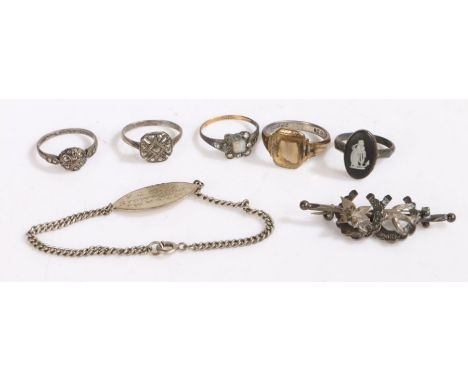 Collection of silver jewellery to include five rings, brooch and a bracelet, gross weight 21.4 grams&nbsp;