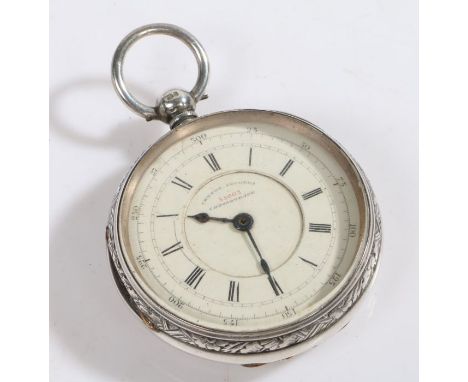 Victorian silver centre seconds chronograph open face pocket watch, the case Chester 1882, maker William Randles, the white e