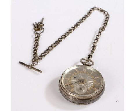 Victorian Silver pocket watch and chain hallmarked for Chester 1886, the watch with a silvered dial gilt Roman numerals and a