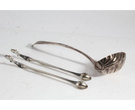 Pair of Georgge III silver scissor action sugar tongs, makers mark only IB, George III low mark silver ladle, marks rubbed, w