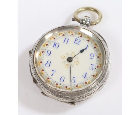 Continental silver open face pocket watch, the white enamel dial with blue Arabic numerals, outer minutes track surrounded by