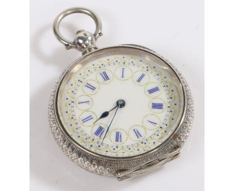 Continental silver open face pocket watch, the white enamel dial with blue Roman numerals, outer minutes track surrounded by 