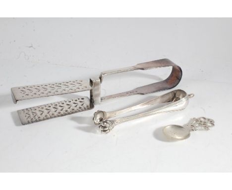 Pair of French silver sugar tongs, pair of Harwood silver plated asparagus tongs, Scottish silver caddy spoon, the bowl engra
