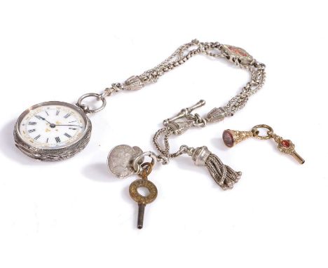 Silver pocket watch and chain, the white dial with Roman numerals and gilt accents together with a white metal ornate chain a