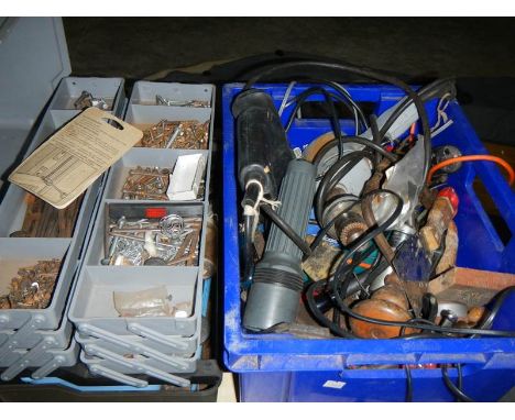 2 boxes of tools including drills, nails etc.,