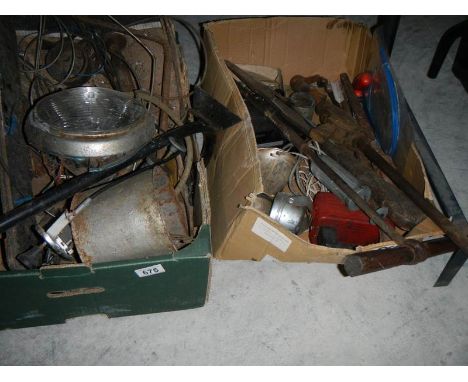 2 boxes of old car tools, parts etc.,