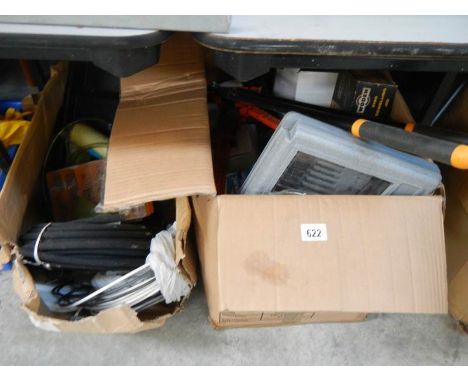2 boxes of miscellaneous tools including clamps, drill bits, sandpaper, hose, wire etc.,