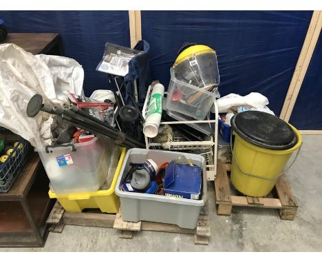 A pallett of miscellaneous items including safety equipment, drain rods, ratchet strap, spray gun &amp; tools etc.