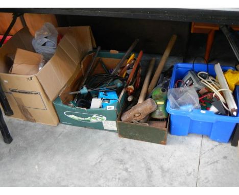 4 boxes of miscellaneous tools including sledge hammers, battery charger, power steering pump etc.,
