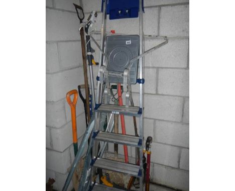 A quantity of garden tools, alloy step ladder etc.,