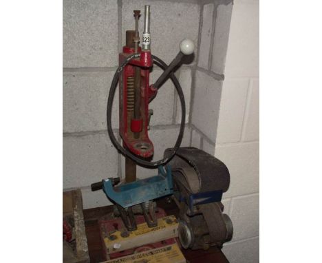 An Arcoy electric drill pedestal etc., including belt sander attachment.