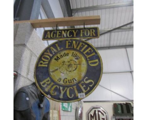 A Royal Enfield bicycles hanging enamel double sided sign.