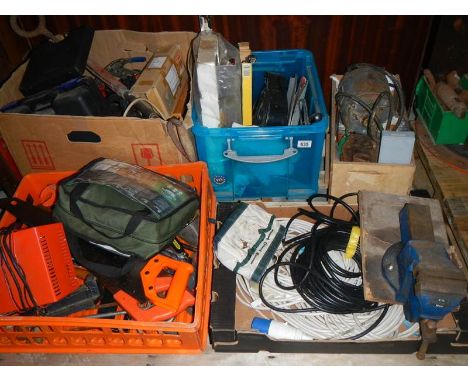 Pallet contents including tools, vice, extension leads etc.,