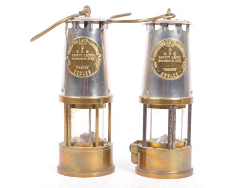 A pair of 20th century brass and metal miners lamps. Manufactured by The Protector Lamp &amp; lighting Co Ltd. Type 6 M &amp;