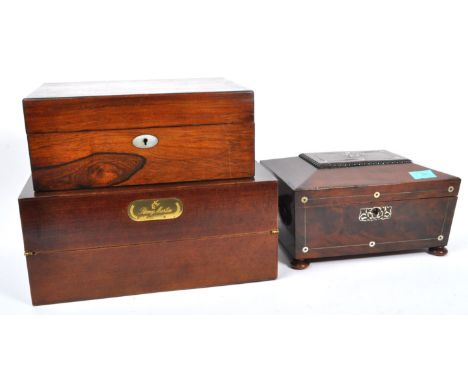 A 19th century Victorian mahogany mother of pearl inlay jewellery / sewing box, alongside another Victorian sewing box and a 