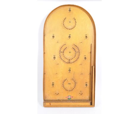 A vintage mid 20th century Glevum Bagatelle marble / ball bearing board puzzle game. With curved top, with push ball bar with