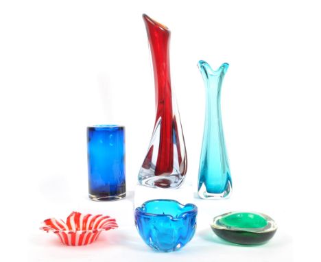 A collection of retro mid 20th century studio art glass. Comprising of vases, bowls, shallow dish, striped plate dish in the 