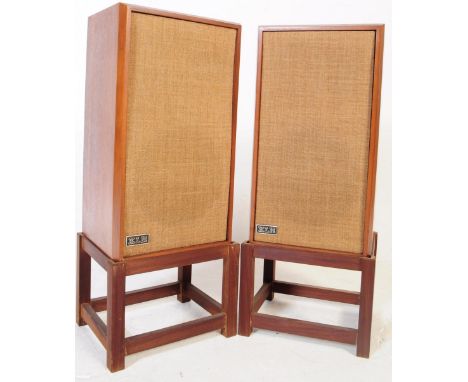 A pair of retro vintage mid 20th century floor standing 'Model Thirty Three' teak cased two way speakers by 'KLH', USA. Havin