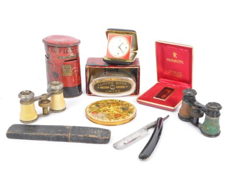 A collection of vintage 20th century curios. To include two theatre binoculars, Post Office post box money box, Europa travel