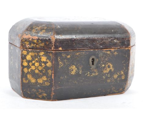 A 19th century Chinese Cantonese black lacquered tea caddy box. The box having a black lacquered finish with gilt embellishme