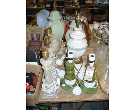 3 Alabaster column table lamps, vase table lamps and other assorted lamps. (9)