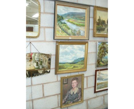 T G Hill, Scottish mountainous landscape, a second similar landscape and a portrait of a woman by the same artist. (3)