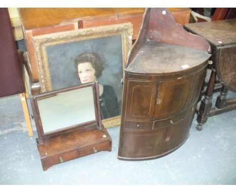 A George III mahogany hanging corner cupboard with 3 small drawers and 3 cupboard doors , a 19th Century mahogany toilet mirr