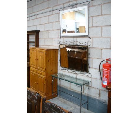 A Modern wrought iron and glass top console table with two conforming wall mirrors.