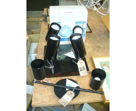A Black metal ceiling light fitting with four adjustable spot lamps and a twin lamp spot bar. (2)  ( 7044 - 4BK , Bk 2 lg )

