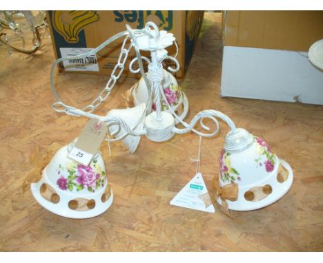 A Painted metal three branch ceiling light fitting with ceramic rose pattern light shades. ( 3LT CR )

